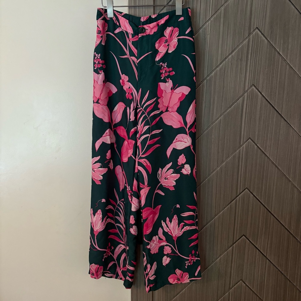 Anthropologie Tropical Floral Breezy Print Wide Leg Pants Green Pink Size 2 - Picture 6 of 13